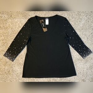 MSK V-Neck Beaded Sleeve Top Black NEW Large embellished